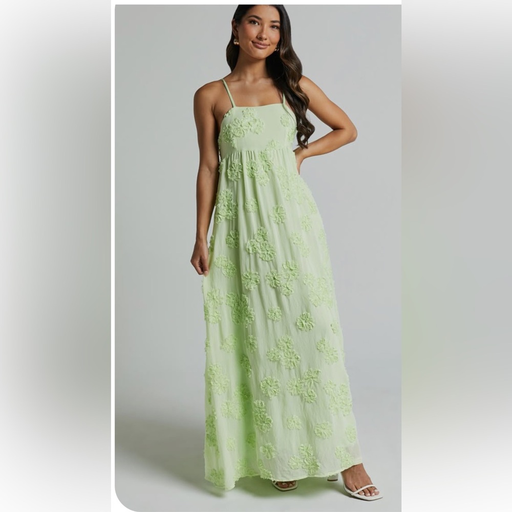 Showpo Pink Diamond Claya Light Green Floral Appliqué Maxi Dress size 10 Used